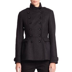 Burberry Womens Military Pea Coat Adamsleigh Black Wool Cashmere Peplum 8 Medium